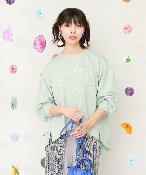 tシャツ 「FONT LAB」異素材コンビラメロゴロンTシャツ レディース