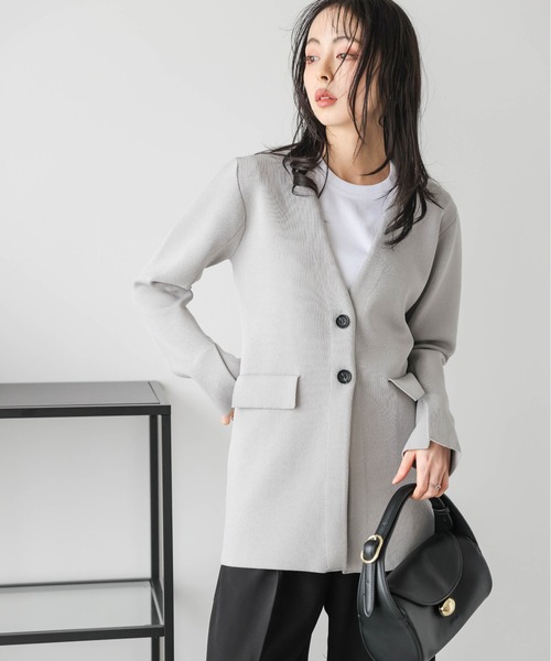 24AW完売品＊タグ付＊かぐれ ウールノーカラージャケット グレージュ 日本製 圧縮ウールショートジャケット（ノーカラージャケット）｜かぐれ