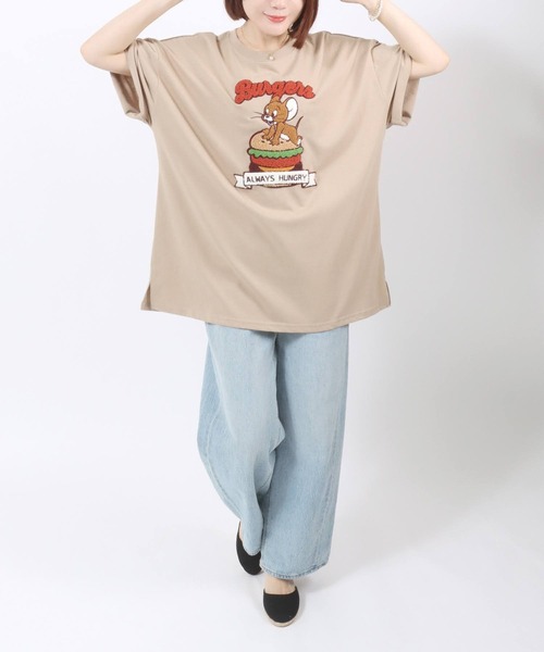 トムとジェリー　レディース　サガラ刺繍　Tシャツ　半袖　カメラ　アニメ　かわいい tシャツ 「公式」トムとジェリー サガラ刺繍半袖Tシャツ