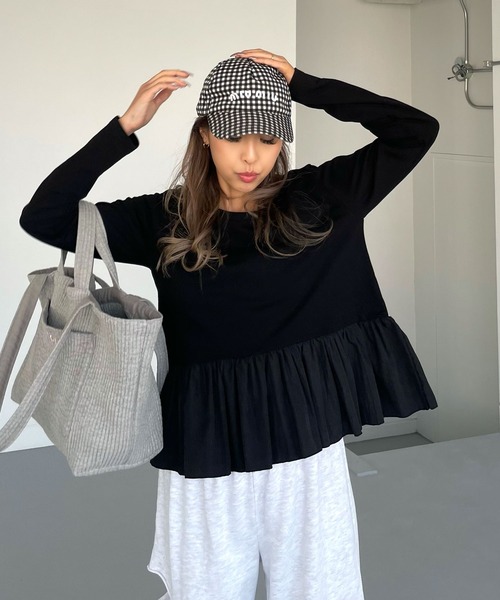 tシャツ 裾フリルクロップドロングTシャツ レディース