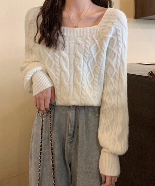 Diosfront ニット セーター スクエアネックケーブルニットプルオーバー