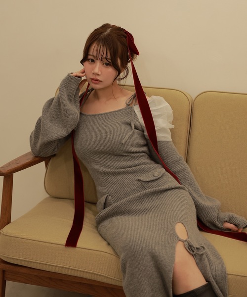 ワンピース *M DOLLY original* Slit ribbon silky knit dress/スリットリボンシルキーニットドレス