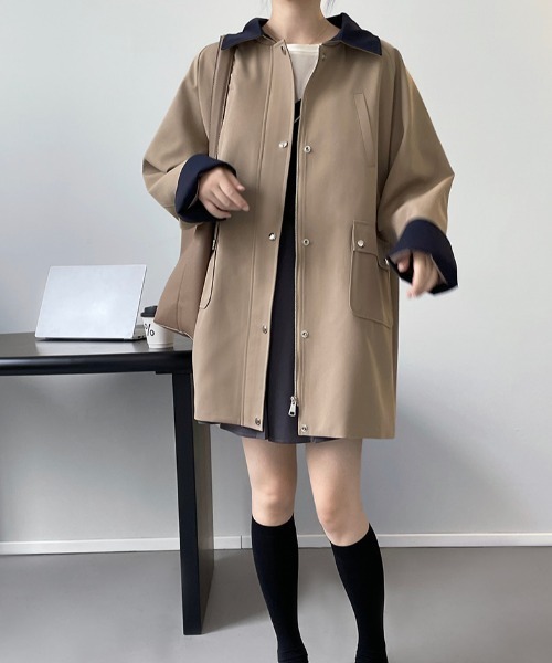コート アウター バイカラー ミドル丈 スプリングコート レディース