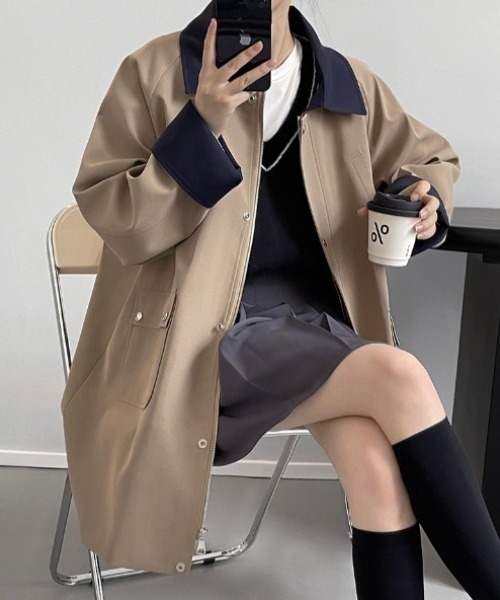 コート アウター バイカラー ミドル丈 スプリングコート レディース