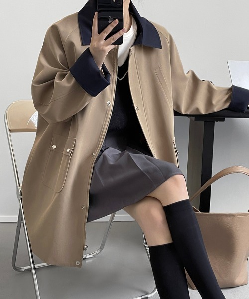 コート アウター バイカラー ミドル丈 スプリングコート レディース