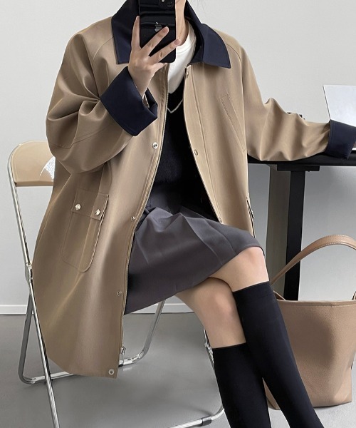 コート アウター バイカラー ミドル丈 スプリングコート レディース