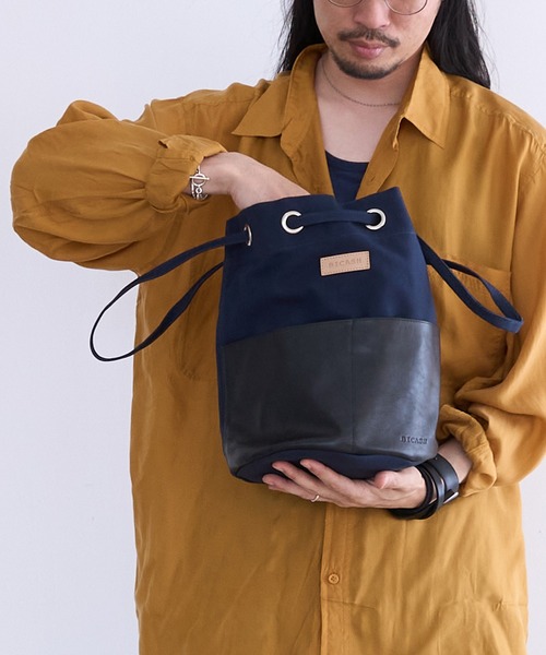 BICASH（ビカーシ） ショルダーバッグ キャンバス切り替えレザー 巾着