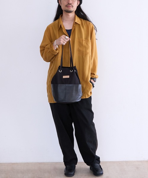 レザーキャンバス・巾着バック BICASH（ビカーシ） ショルダーバッグ キャンバス切り替えレザー 巾着