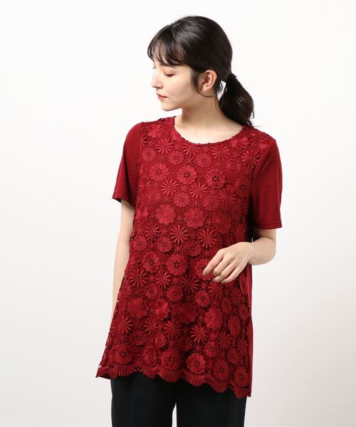 IENA 新品　レースデザインチュニック レースモチーフプリントチュニック/日本製/洗える(チュニック