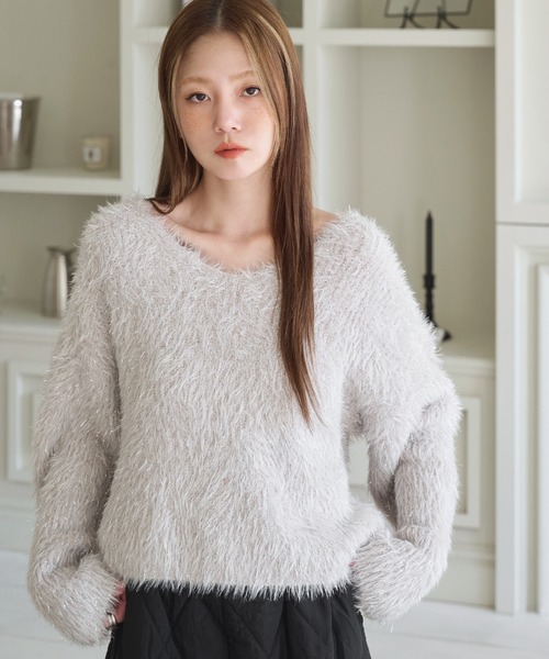 UNE MANSION ニット セーター フェイクファーラメシャギーボートネック