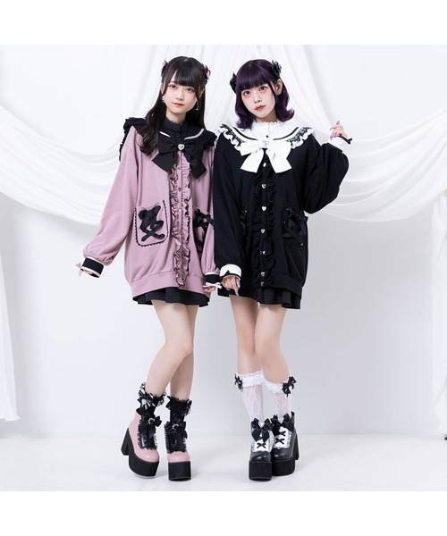 DearMyLove ハートレースリボンセーラー裏毛チュニックブルゾン ピンク DearMyLove ブルゾン アウター ハートレースリボンセーラー裏毛