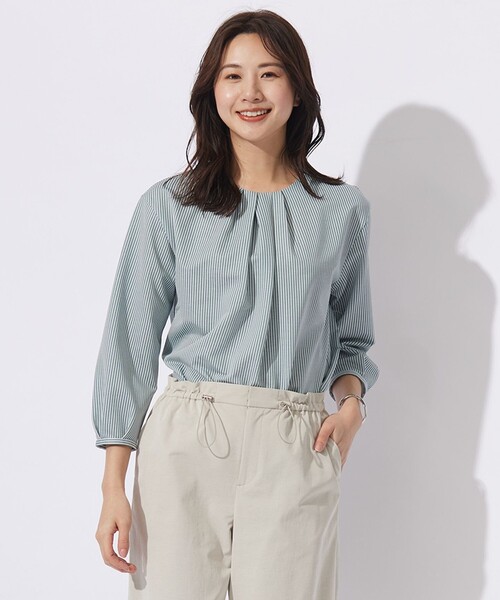 tシャツ 「WEB限定カラーあり」ストライプジャカード フロントタック カットソー レディース