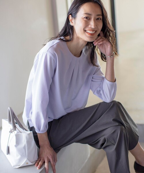 tシャツ 「WEB限定カラーあり」ストライプジャカード フロントタック カットソー レディース tシャツ 「WEB限定カラーあり」ストライプジャカード フロント