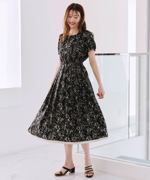 MINÄ PERHENEN LAUNDRY 花柄ワンピース Tiaclasse ワンピース 「袖が選べる・洗える」配色モノクロ花柄