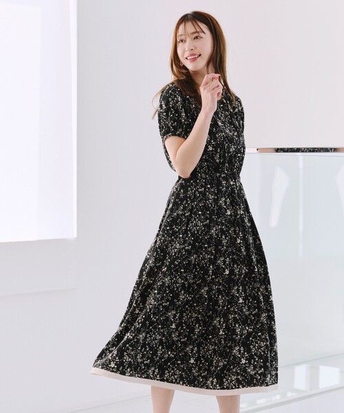 Tiaclasse ワンピース 「袖が選べる」配色モノクロ花柄ワンピース