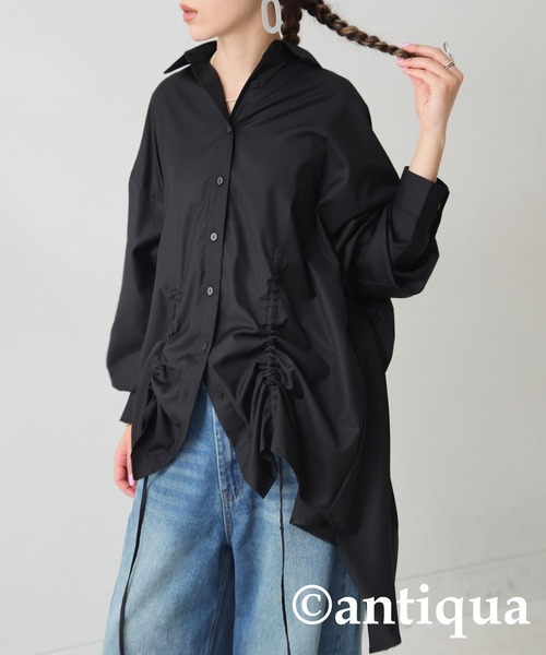 キャップスリーブドロストシャツ　ブラック antiqua ブラウス シャツ ドロストギャザーシャツ レディース