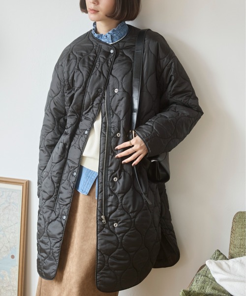 ANGIE ノーカラーコート コート キルティング ロングコート レディース