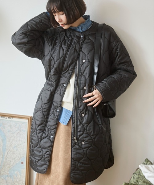 ANGIE ノーカラーコート コート キルティング ロングコート レディース