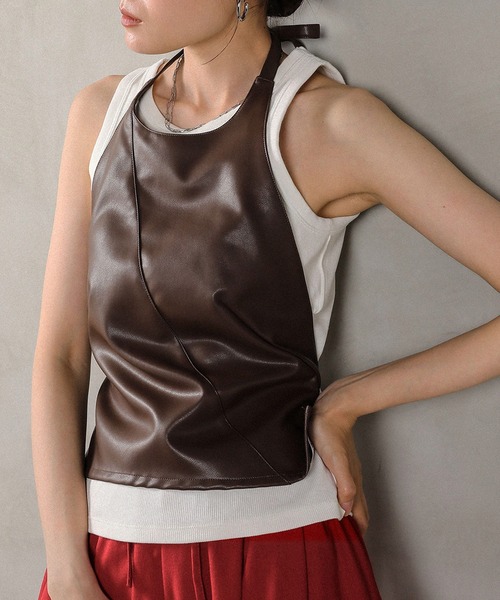 【SALE】OZZ ONESTE ベスト ホルターネック ジレ en CAnAF ベスト ジレ ホルターネック 合成皮革 ビスチェ レディース