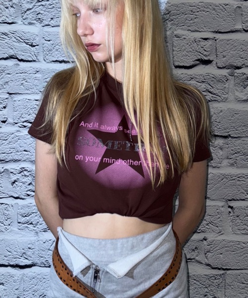 キラキラ　ストーン　Tシャツ SHAGGIE tシャツ キラキラストーンミニタイトTシャツ レディース