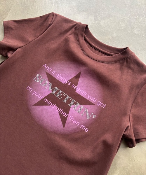 キラキラ　ストーン　Tシャツ SHAGGIE tシャツ キラキラストーンミニタイトTシャツ レディース