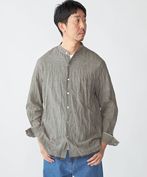 【45rpm】インドガディシャツ　バンドカラー　タック　コットン　サイズ3 SHIPS（シップス） シャツ SHIPS: インディア バンドカラー ロング