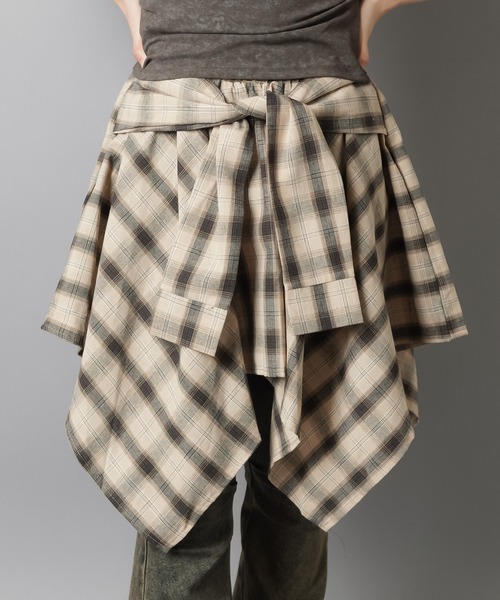 SPINNS スカート 履くだけ簡単レイヤード♪ 腰巻きチェックシャツ風