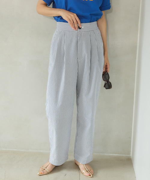 IENA パンツ IENA スラックス パンツ BLACK シアサッカーパンツ レディース