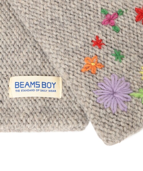 BEAMS BOY★手編み　フラワー刺繍　マフラー　グレー BEAMS BOY マフラー ストール 手編み フラワー刺繍 レディース