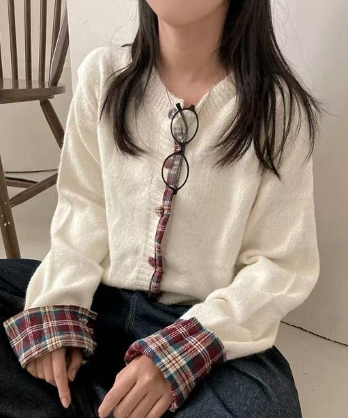 AsRiRe カーディガン 25aw 異素材ドッキング/チェックニット AsRiRe カーディガン 25aw 異素材ドッキング/チェックニット