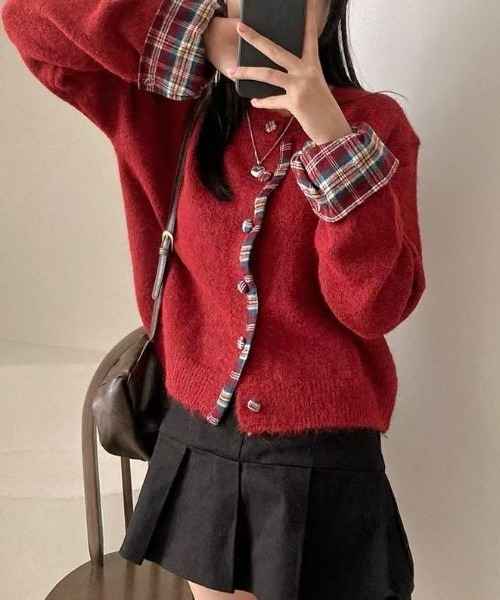 AsRiRe カーディガン 25aw 異素材ドッキング/チェックニット