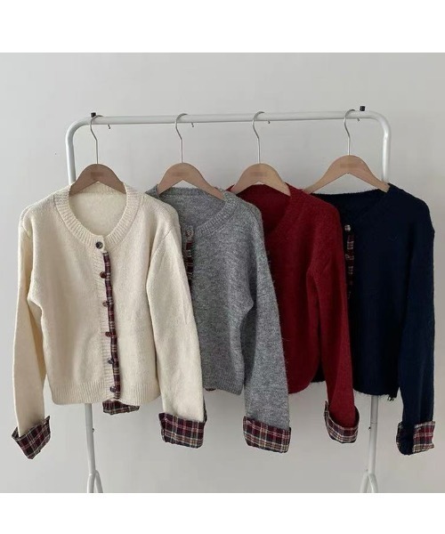 AsRiRe カーディガン 25aw 異素材ドッキング/チェックニット