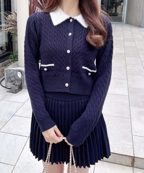 INGNI（イング） カーディガン フェザー襟ケーブルニットカーディガン