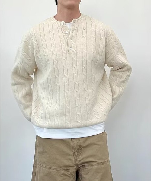 BLANC FICELLE セーター ニット メンズ ケーブル編み ヘンリーネック