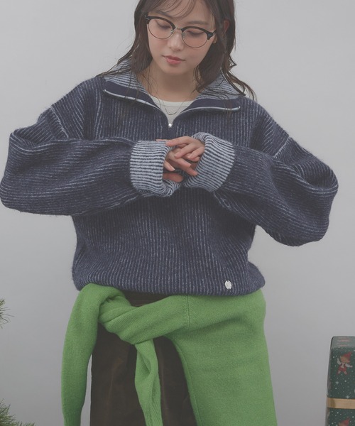 美品SUNNEI スンネイ ハーフジップ ニット セーター ボーダー 119P▲ MUHET（ミュエータ） ニット セーター two-tone half-zip knit