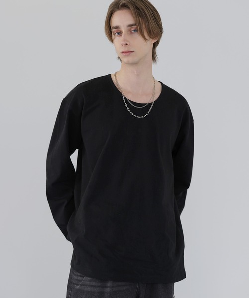 lohen トップス サイドスリットクルーネックカットソー 新品 ブラック SOCCE tシャツ サイドスリットベーシックUネックコットンロング