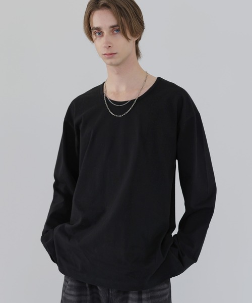 新品 LOHEN サイドスリットクルーネックカットソー BLK SOCCE tシャツ サイドスリットベーシックUネックコットンロング