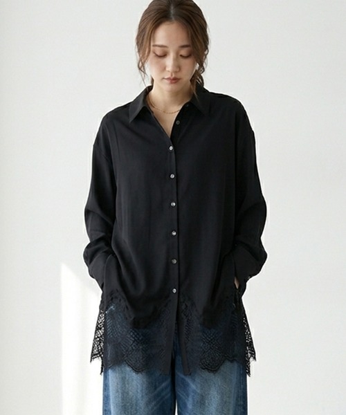 L*o様 ESCADAレース付きブラック長袖シャツ黒 Muscat ブラウス シャツ 裾レースロングシャツ レディース : ZOZOTOWN