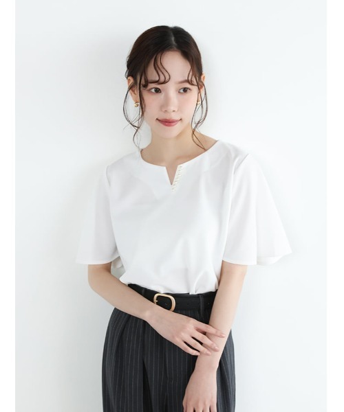 yori キーネックトップス 半袖 白 フレア ホワイト ブラウス 一回着用 