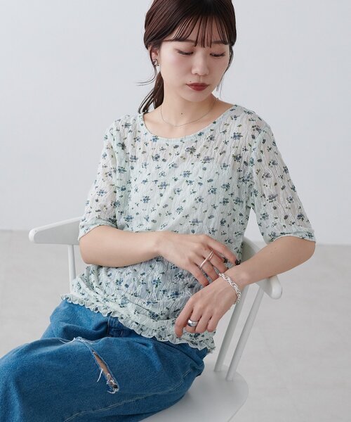 Discoat（ディスコート） tシャツ 半袖 花柄シャーリング半袖プル