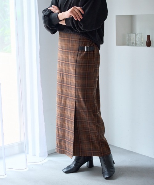TRIANGLE PALETTE スカート サイドベルトチェック柄Iラインスカート
