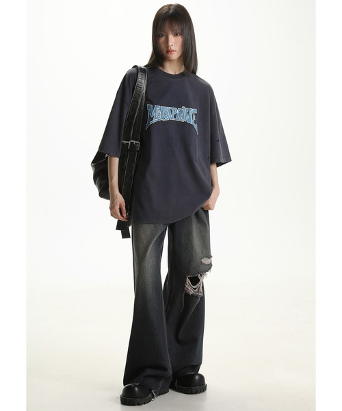 MASONPRINCE 英文字 プリントダメージ Ｔシャツ オーバーサイズ オーバーサイズ ダメージ加工 ステッカープリントTEE DT4295