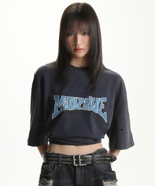 MASONPRINCE 英文字 プリントダメージ Ｔシャツ オーバーサイズ オーバーサイズ ダメージ加工 ステッカープリントTEE DT4295