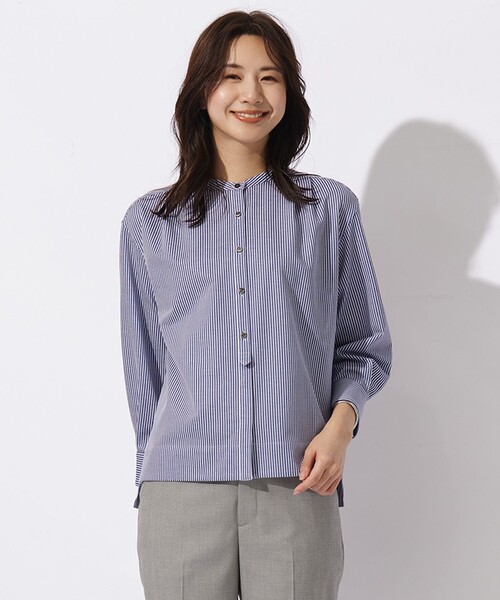 tシャツ 「WEB限定カラーあり」ストライプジャカード バンドカラー カットソー レディース