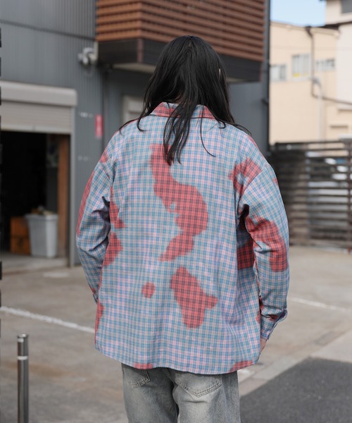 シャツ HOOK -original- 配色タイダイ染めチェック柄長袖シャツ メンズ