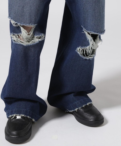 LUSOR ルーソル DESTROY DENIM デストロイデニム UNSSSDK01-B L Indigo ワイド ジーンズ パンツ ジップフライ ボトムス【中古】【LUSOR】 LUSOR ルーソル DESTROY DENIM デストロイデニム UNSSSDK01-B L Indigo