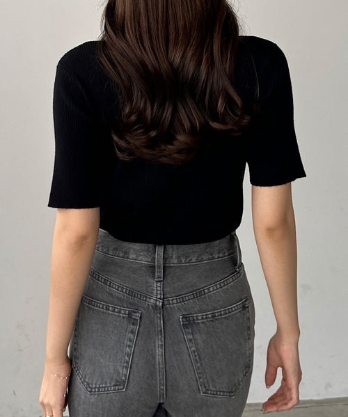 Louere ニット セーター ボトルネック半袖リブニット レディース