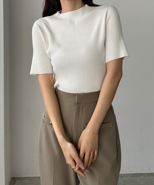 Louere ニット セーター ボトルネック半袖リブニット レディース