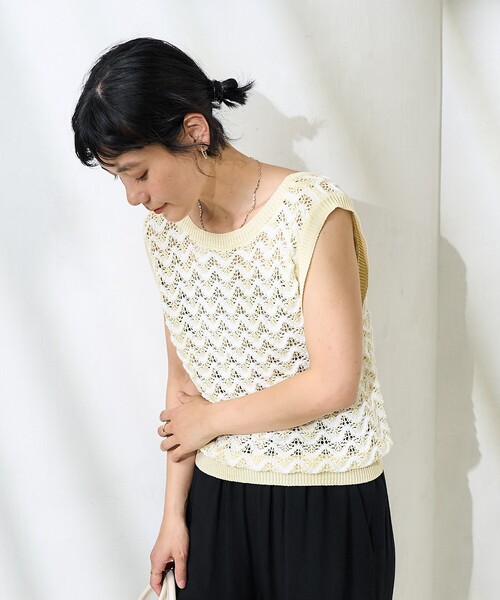 G3M ニットベスト FREAK'S STORE ベスト ジレ 2WAY サマー 柄ニットベスト/ シアー