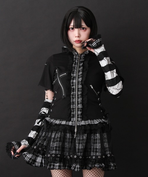 DearMyLove tシャツ 半袖 猫耳チェックフリルクモレースパンクショート